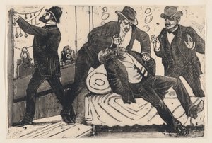 Un hombre apuñalando a otro hombre en el pecho mientras sus asociados saquean una tienda, ca. 1890-1891 de José Guadalupe Posada