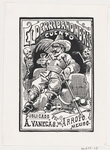 Un hombre con armas y una pipa en la boca flanqueado por dos esqueletos, ilustración..., ca. 1880-1910