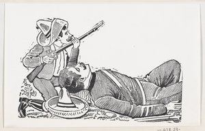 Un revolucionario sosteniendo un rifle y arrodillado para proteger a un revolucionario caído, c. 1880-1910 de José Guadalupe Posada