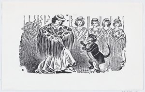 Una mujer bailando con un gato con traje de José Guadalupe Posada