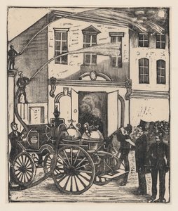 Bomberos apagando un incendio en una casa, camión de bomberos en primer plano, ca. 1880-1910 de José Guadalupe Posada