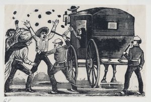 Hombres peleando cerca de un caballo y un carruaje