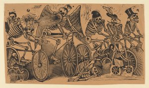 Calaveras esqueléticas montando bicicletas, ca. 1900
