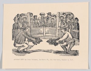 Dos hombres en una arena sosteniendo gallos en preparación para una pelea, ca 1890-1910 reimpreso 1964 de José Guadalupe Posada
