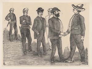 Dos hombres dándose la mano en primer plano y oficiales observándolos en el fondo, ca. 1880-1910 de José Guadalupe Posada
