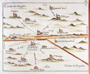 ALZATE, José Antonio (1737-1799). Científico y escritor. Plano de la Arquidiócesis de México. Parroquia de Otumba (¿Otumba u Ozumba) y Parroquia de Axapulco (¿Acapulco). 1767. Grabado de José Antonio Alzate. Grabado. ESPAÑA. CASTILLA-LA-MANCHA. Toledo. Est de Jose Antonio Alzate