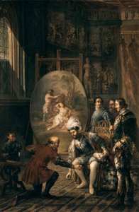 "El emperador Carlos V (1500-1558) cogiendo el pincel del pintor Tiziano Vecellio, conocido como Tiziano (1485-1576), pintor de la corte del emperador" Pintura de José Felipe Parra (1824-1864) Siglo XIX Valencia, Museo de Bellas Artes San Pío V de Jose Felipe Parra