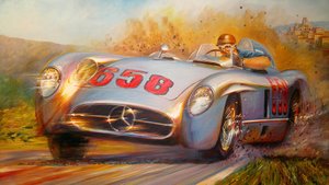 En la Mille Miglia, Juan Manuel Fangio, Mercedes Benz 300 SL de Jose Maria Villafuerte