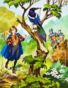 Chico persiguiendo a un pájaro (gouache sobre papel)