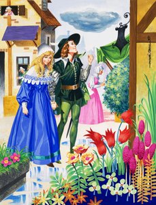 Pareja admirando flores (gouache sobre papel)