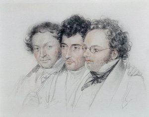 De izquierda a derecha, amigos de los compositores Johann Baptist Jenger (1793-1856), Anselm Huttenbrenner (1794-1868) y Franz Schubert (1797-1828), pastel de Josef Teltscher
