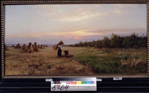 Cosecha a la luz del atardecer. (Cosecha en la luz de la tarde). Dos mujeres trabajando en un campo lleno de montones de heno. Pintura de Iosiph Evstafievich Krachkovsky (1854-1914), óleo sobre lienzo de Josef Evstafievich Krachkovsky
