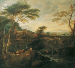 Paisaje con vacas pastando de Josef Faistenberger