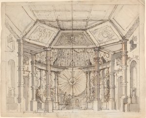 Diseño escénico para un templo abovedado con un disco solar sobre el altar de Josef Ignáz Platzer