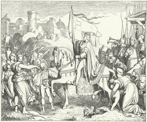 El emperador del Sacro Imperio Romano Germánico Federico II entrando en Jerusalén, Sexta Cruzada de Josef Mathias (after) Trenkwald