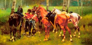 ""Grupo de húsares y caballos en el bosque"" Pintura de Josep Cusachs i Cusachs (1851-1908). 1905.