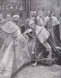 El rey Eduardo VII tomando el juramento en su coronación, Abadía de Westminster, Londres de Joseph (after) Finnemore