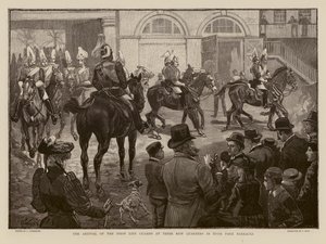 Guardias de la Vida llegando a su nuevo cuartel en Hyde Park, Londres (grabado) de Joseph (after) Finnemore