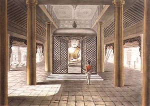 Un soldado de pie en un templo de Rangún, grabado por George Hunt
