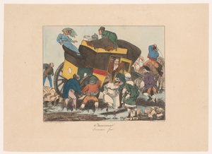Ómnibus con pasajeros atrapados en el barro Dévouement force (título sobre objeto) Incomodidad (título de la serie) Inconveniente (título de la serie en el objeto)