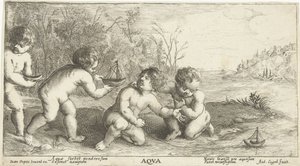 Niños jugando con botes Aqva (título sobre el objeto) de Joseph Antoine Cochet
