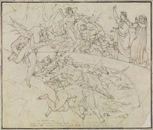 En el lago de brea de los traficantes, el consejero de Lucca (Infierno de Dante, canto 21, verso 34) de Joseph Anton Koch