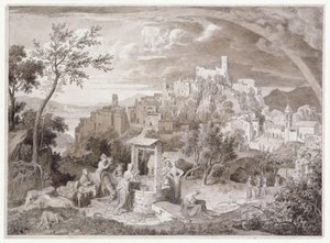 Vista de la ciudad de Olevano, provincia de Roma, Italia, con el arcoíris de Joseph Anton Koch