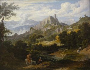 Paisaje cerca de Olevano con un monje a caballo de Joseph Anton Koch