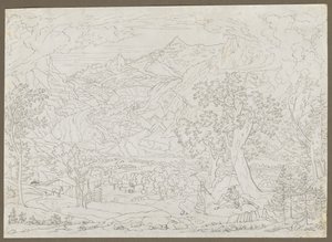 El glaciar Grindelwald con cazador y campesina en primer plano, ca. 1823 de Joseph Anton Koch