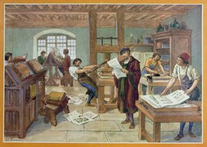 La invención por Gutenberg de la imprenta de tipos móviles, ilustración del "Primer libro de historia de Francia" de A. Aymard, publicado por Hachette de Joseph Beuzon