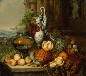 Bodegón con fruta, pecera y paisaje de Joseph Biays Ord