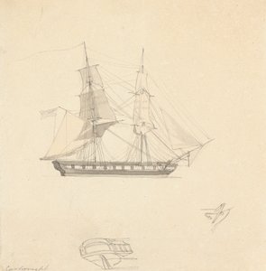 Brig único; bocetos de popa separada y caucho de Joseph Cartwright