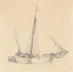 Ketch individual, proa adelante; bote de remos detrás de Joseph Cartwright