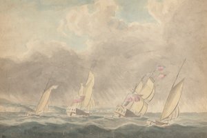 Dos balandros de guerra, una barcaza y una goleta, con las popas hacia delante, en medio de un fuerte oleaje; varios veleros al fondo.