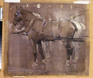 Cab Horses by Gaslight (acuarela y acuarela sobre lino) de Joseph Crawhall