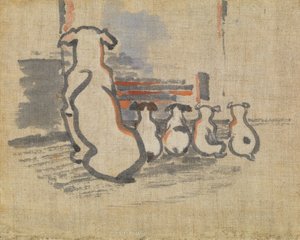 Foxhound y cachorros (gouche sobre lino)