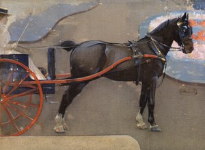 Caballo y carro con dama (acuarela y gouache sobre lino)