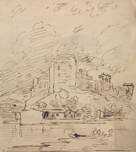 Castillo con torre redonda sobre un río de Joseph Farington