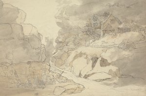Rústico y casas de campo junto a un río de Joseph Farington