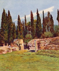 Roma: Villa Adriana, Columna del Teatro Griego (litografía en color) de Joseph Felix Bouchor