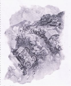 Los bóers destruyendo sus carros en Spitzkop, ilustración de Después de Pretoria: La Guerra de Guerrillas, 1902 de Joseph Finnemore