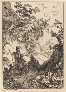 Paisaje con hombres en armadura, tocón de árbol de Joseph Fischer