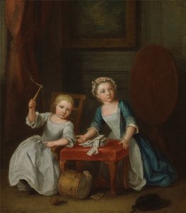 Dos niños de la familia Nollekens, probablemente Jacobus y Maria Sophia, jugando con un trompo y cartas, 1745 de Joseph Francis Nollekens