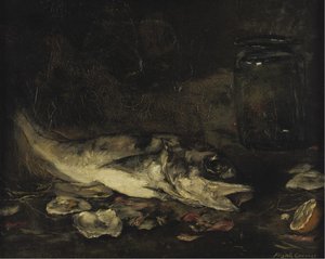 Bodegón con pescado y naranjas