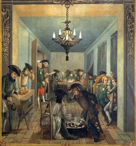 Taller de grabado. Cae la noche, el jefe y uno de sus hijos (?) comprueban el trabajo en los talleres, mientras dos obreros se calientan en un brasero. A la izquierda, un grabador afila sus herramientas en una rueda moldeada por un pedal. Otro prepara un g de Joseph Gabriel Rossetti