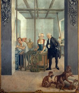 Taller de satinado. Tras ser recubierto con una mezcla de cera y almidón, el lienzo impreso se coloca sobre una rejilla caliente. A continuación, se lustra con una rueda de vidrio enchassee en un patio que está suspendido de las vigas del techo. Pintura de