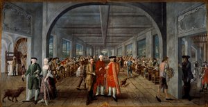 Fábrica de tejidos indios de los hermanos Wetter A la izquierda, el Sr. y la Sra. Jean Rodolphe (Jean-Rodolphe) Wetter ricamente vetus. En el centro, un obrero presenta una plancha de impresión al director de la fábrica, Pierre Pignet; detrás, los obreros  de Joseph Gabriel Rossetti