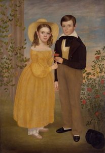 Un niño y una niña en un jardín (óleo sobre lienzo)