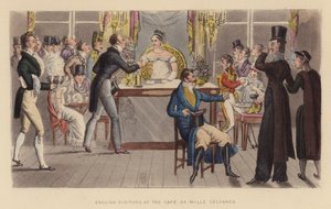 Visitantes ingleses en el Café de Mille Colonnes (grabado coloreado)