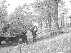 Camión en la calle con dos carboneros cargando sacos de carbón